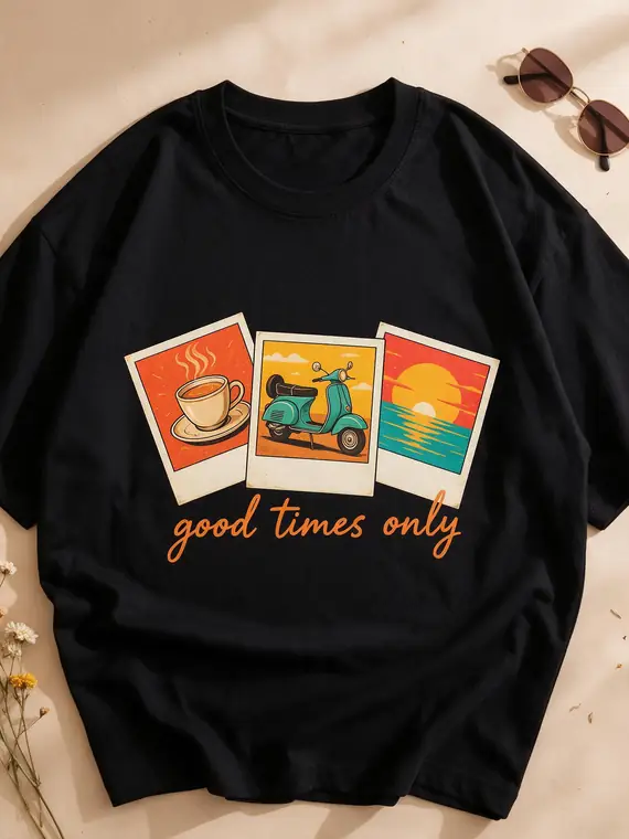Black oversized tee with a colourful polaroid collage print