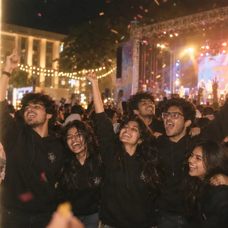 Students in matching black hoodies cheering at a college fest